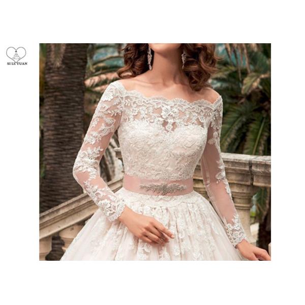 White Lace Elegant Long Sleeve Wedding Dresses Beaded Belt Floor Length