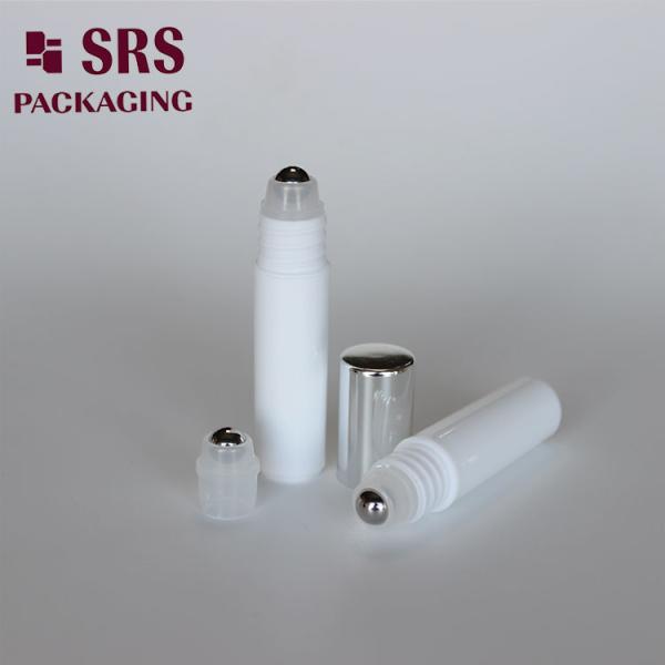 SRS empty cosmetic 5ml white plastic roller ball bottle with silver cap