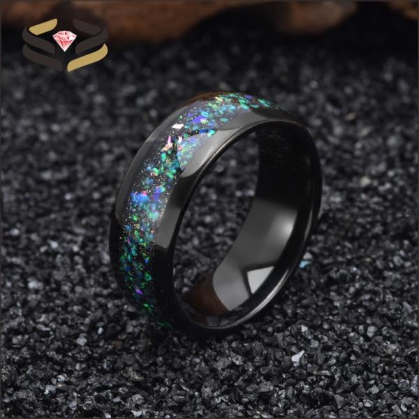 L'anneau de mariage en carbure de tungstène noir à dôme pour homme 8 mm avec incrustation d'opale Galaxy
