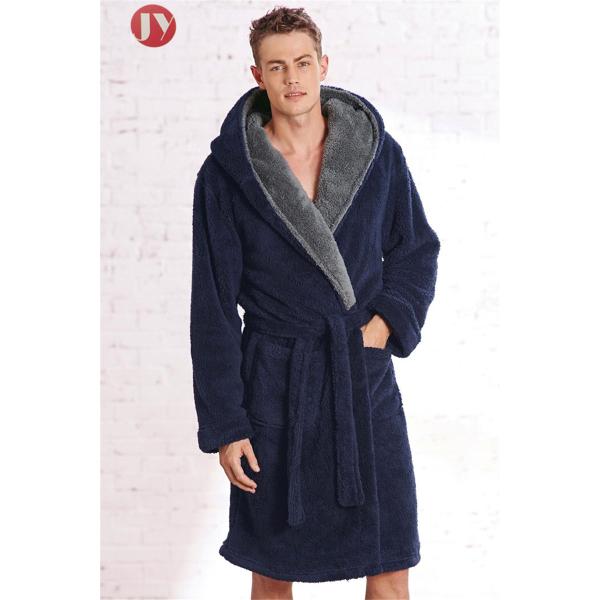 china Manufacturer Best Price Top Quality Hooded Men's navy Soft Spa Full Length Warm Bathrobe With Kimono Shawl Collar