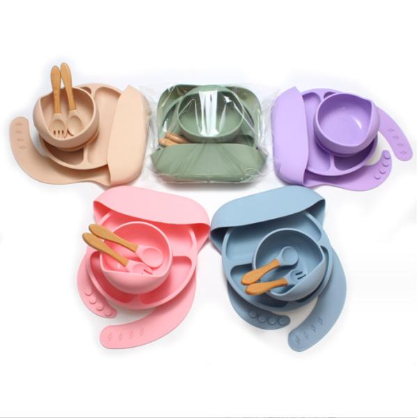 None Design Style Silicone Tableware for Baby 5pcs BPA Free Feeding Set Spoon Bowl