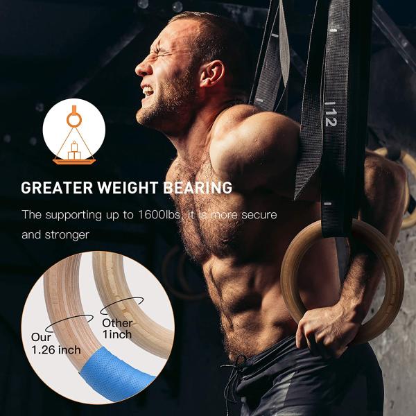 Wholesale Double Circle Wood Gymnastics Rings 1500lbs Adjustable Cam Buckle 14.76ft