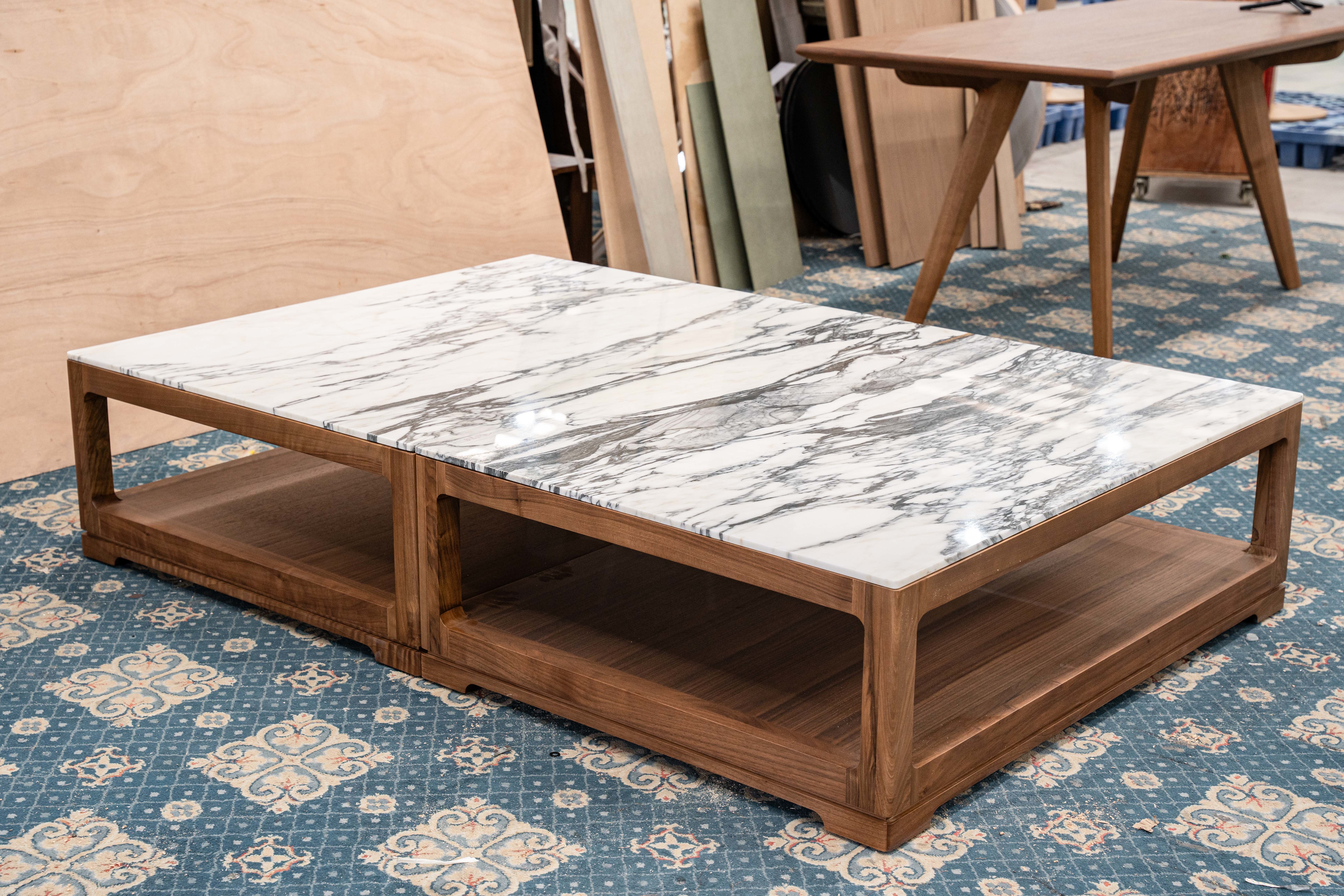Home‑use Natural Marble Top Solid Wood Coffee Table, Split‑Combination Open Storage Tea Table for Living Room