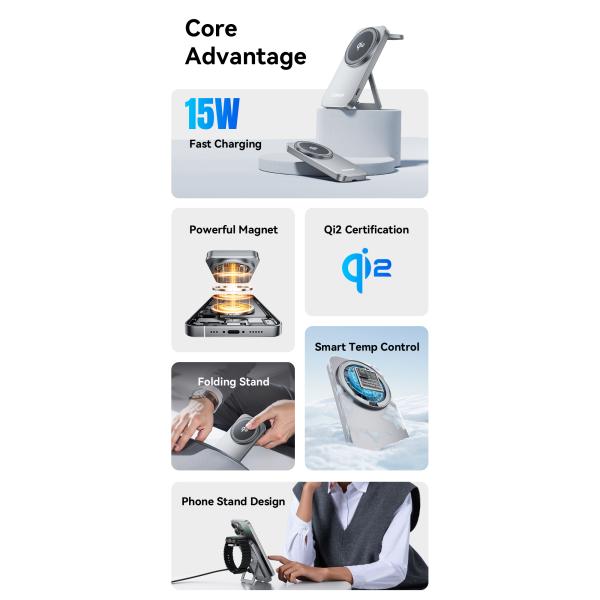 ESSAGER OJD-135 Desktop 2 In 1 15W Qi2 Magnetic Wireless Charger For Phone Watch