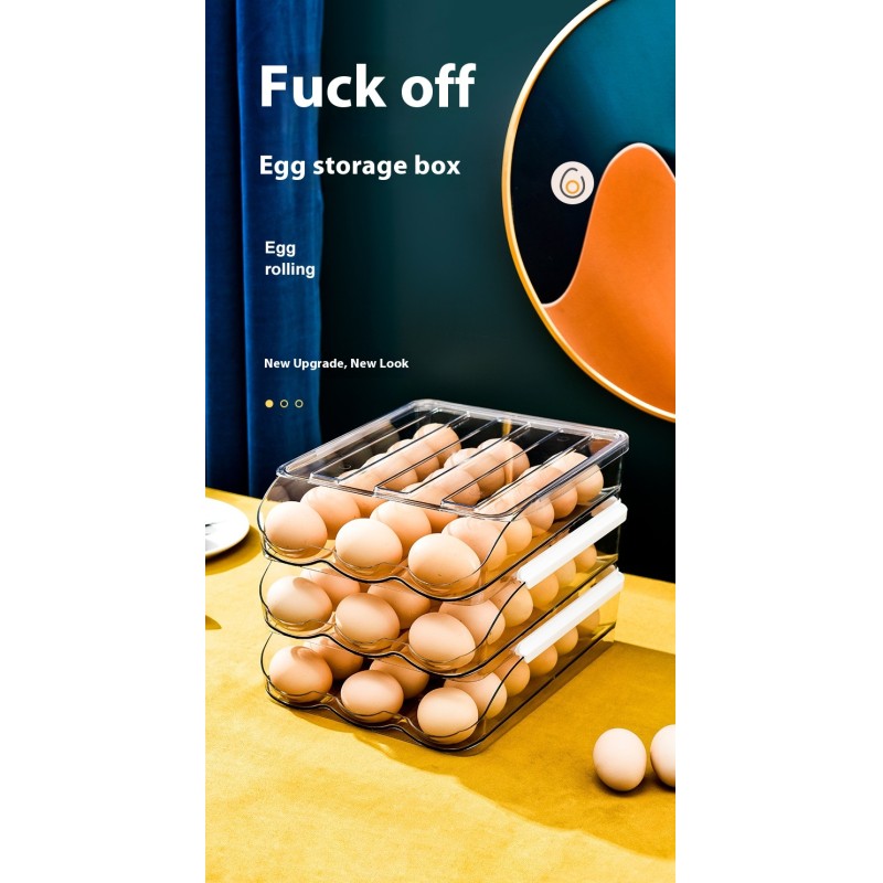 Multi-layer Durable Clear Plastic Rolling Kitchen Organizer Rectangle Egg Storage Box Holder for Refrigerator Auto