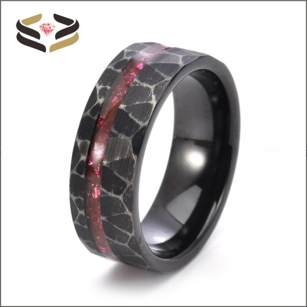 Black Tungsten Carbide Ring With Offset Groove Whiskey Barrel Wood Stone Deer Antler Inlay