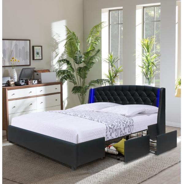 Задний король Размер Ящик Хранение Кровать кожи Faux Tufted кнопки с 2 ушами СИД