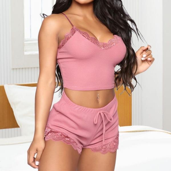 2 Piece Ladies Comfortable Sling Solid Sexy Lace Sleepwear Suit Seductive Pajama Sets