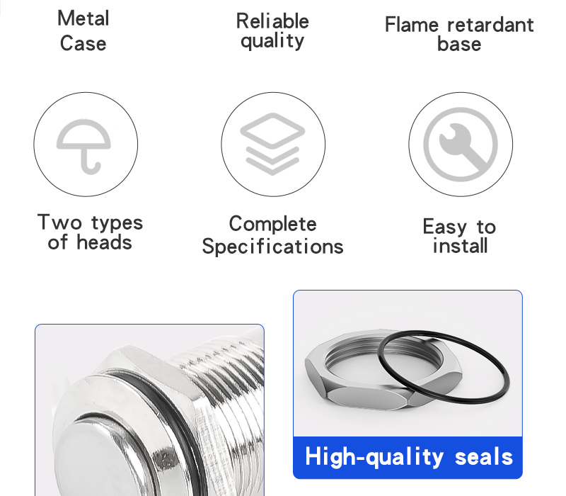 12MM Flat Head High Head Metal Push button Switch with Screw Foot 2Pins Self-Resetting Self-Locking 1NO Non-Illuminated