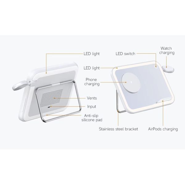 Qi2 Phone Watch Earbud Charger LED Light Lamp Station 3 In 1 Magnetic Wireless Lighted Makeup Mirror