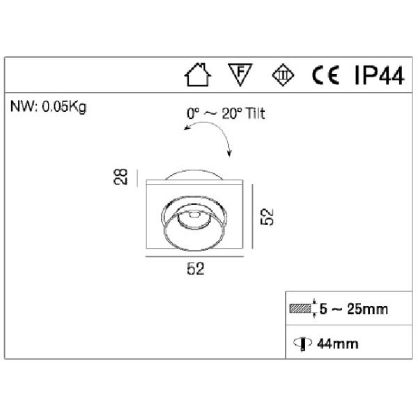 IP44 3W  Adjusatable Square 2 Inches Recessed Mini Size CITIZNE COB  LED Ceiling Spot  Llight