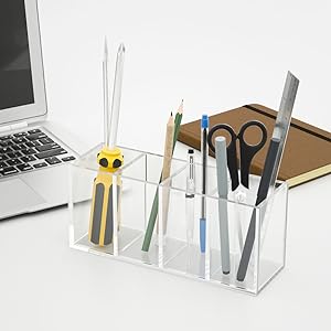 Acrylic Pen Holder 4 Compartments,Clear Pen Holder Organizer Makeup Brush Holder for Office Desk Accessories,Cosmetic