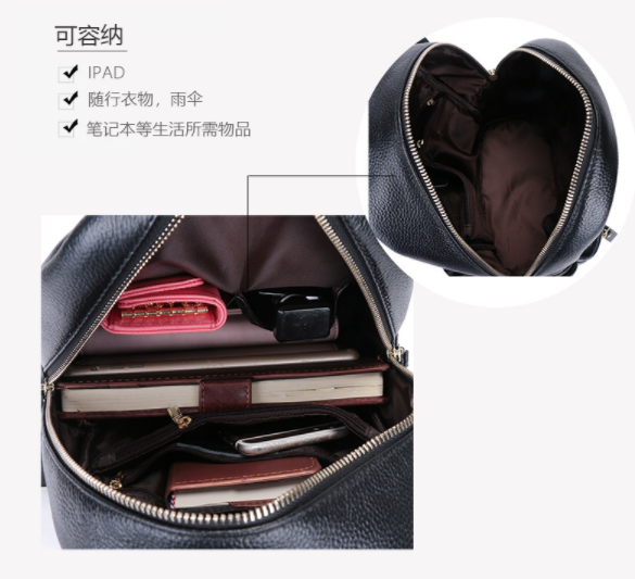 Real Cow Leather Multifunctional Bag , Large Capacity Student Black Backpack Purse