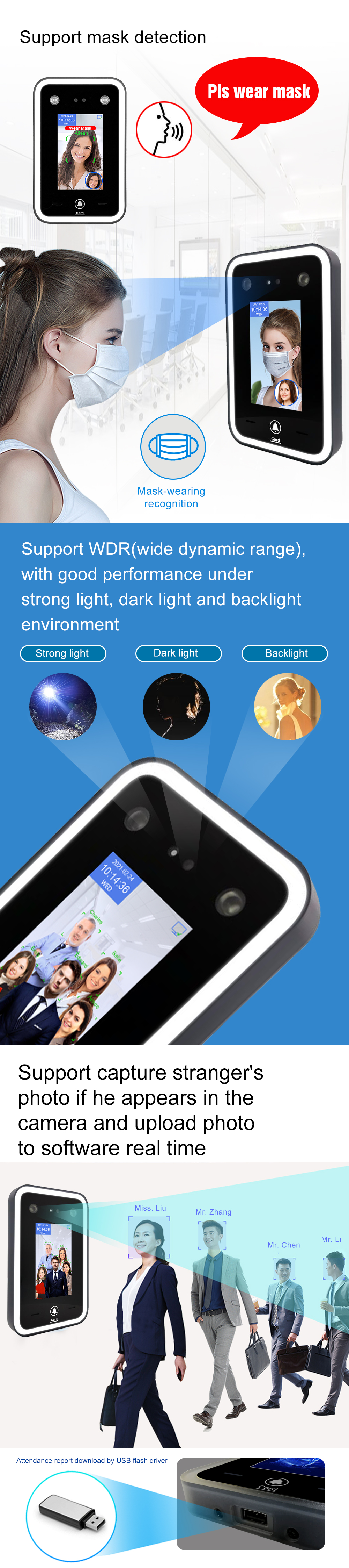 Wide Dynamic Face Recognition Fingerprint Time Attendance Terminal Free SDK