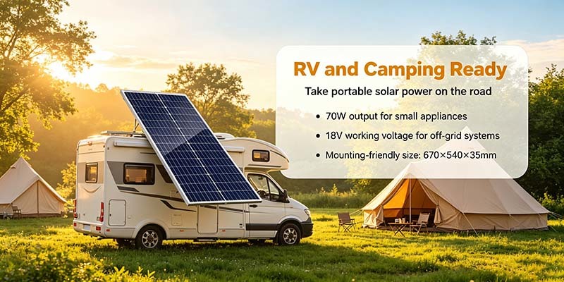 70W 182mm 30‑Cell Monocrystalline Solar Panel IP67 Junction Box MC4 Connector RV Boat Solar Charger
