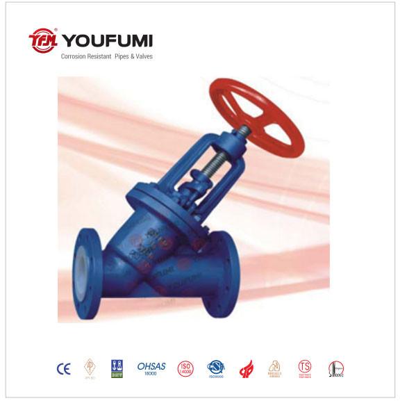 DIN Standard PTFE Lined Globe Valve , Petrochemical Y Type 2 Way Globe Valve