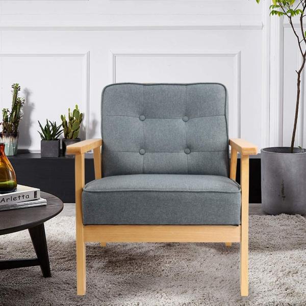 Grey Living Room Armchair Retro Modern Lounge Fabric Sofa Wooden Chair