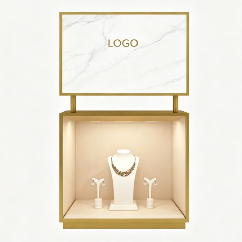 Luxury Gold & Marble Jewelry Display Case, Custom Logo Pedestal Showcase with LED Lighting for Boutiques
