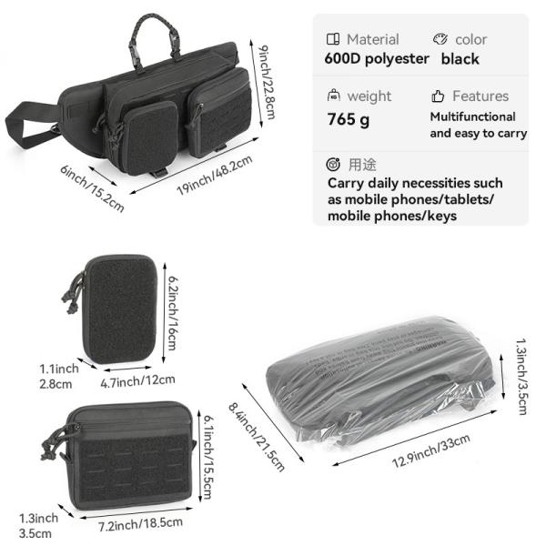 Bolso de cintura personalizado para hombres de poliéster negro 48.2x15.2x22.8cm