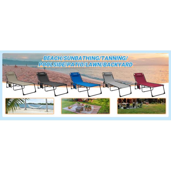 Folding Outdoor Chaise Lounge Chair, 5-Position Adjustable Beach, Sunbathing, Patio, Pool, Lawn, Lay Flat Portable