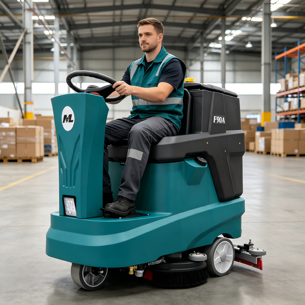 Battery Powered Ride On Floor Scrubber F90A 153AH Long Runtime Commercial Floor Cleaning Equipment