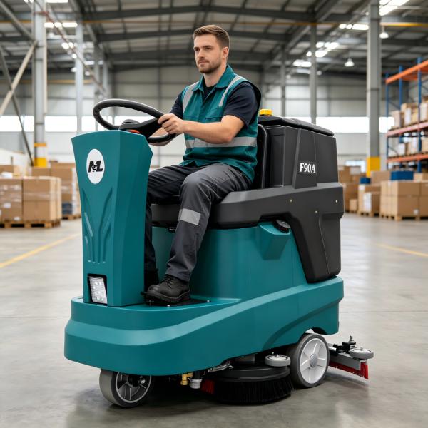 Battery Powered Ride On Floor Scrubber F90A 153AH Long Runtime Commercial Floor Cleaning Equipment