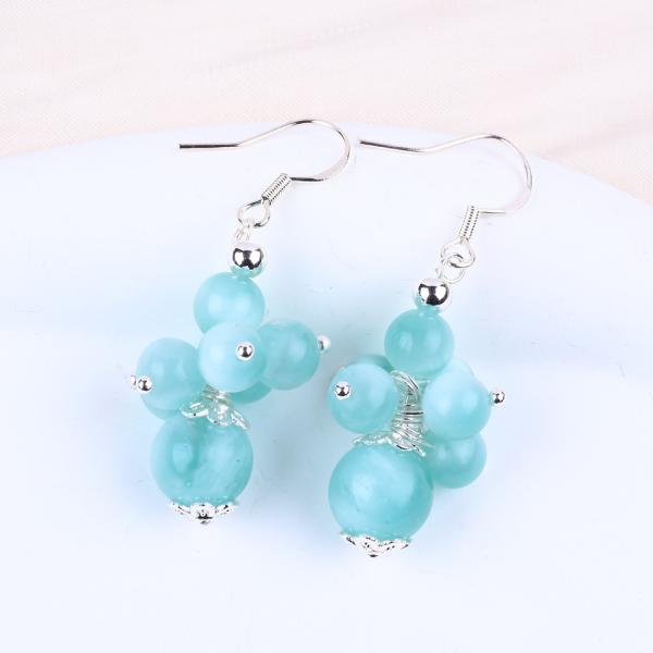 Handmade Light Lake Blue Jade Healing Spiritual Round Bead Flower Dangle Earring For Jewelry Gift