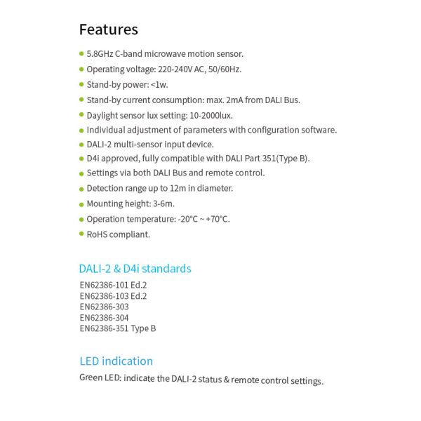 DALI-2 D4i microwave motion sensor HNS255DL, multi-sensor input device, for built-in application