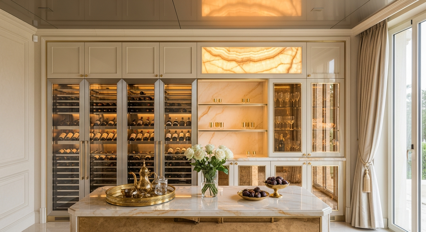 Golden Mirage Wine Vault in 304 Stainless Steel with Honey Onyx Accents