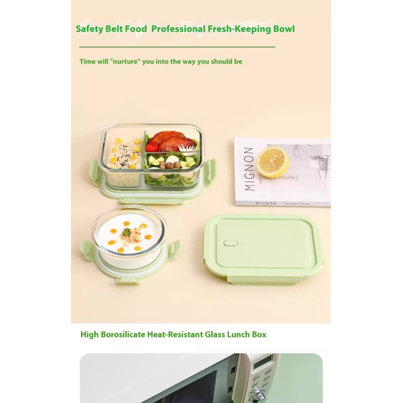 Microwave Safe Bento Box Heatable Food Box with Glass Bowl and Plastic Lids for Office Workers
