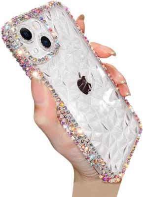 Proteção de lente de câmera de padrão de diamante de cristal de luxo Transparente Soft Shockproof Cover Phone Case (azul, iPhone 13 Pro