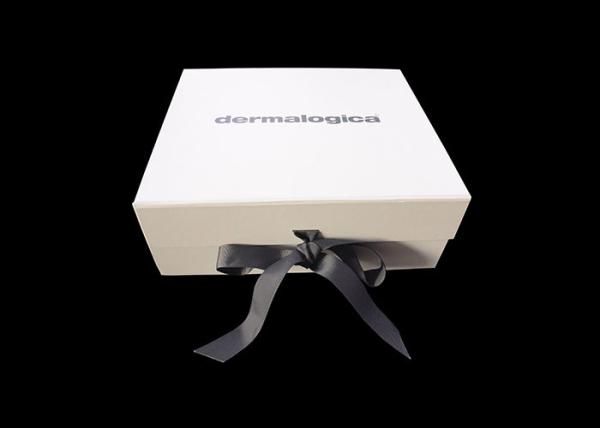 Black Ribbon Closure Paperboard Folding Boxes , White Fancy Gift Box