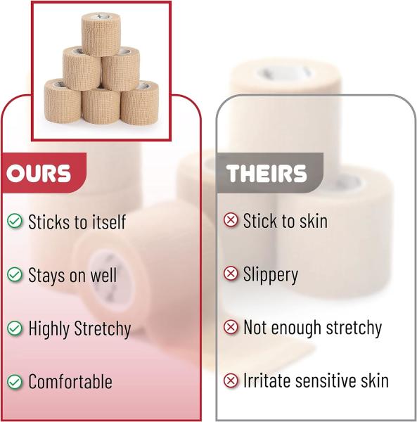 Self Adhesive Bandage Wrap, 6 Pack, Skin Colored, 2“ x 5 Yards, Cohesive Bandages, Medical Wrap, Elastic Bandage Wrap