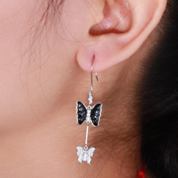 18K White Gold  with Diamonds  Balck  Onyx Butterfly  Dangle Earrings (GDE019)