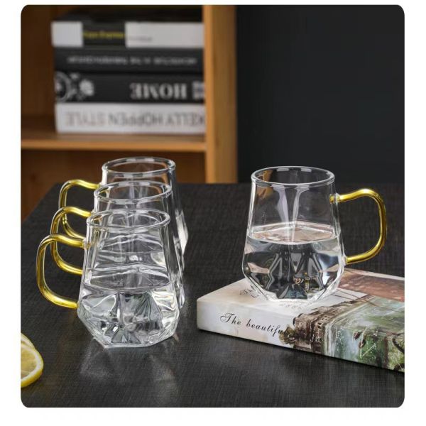 BPA Free Single Wall Glass Mug Diamond Shape Borosilicate Glass Cup With Handle