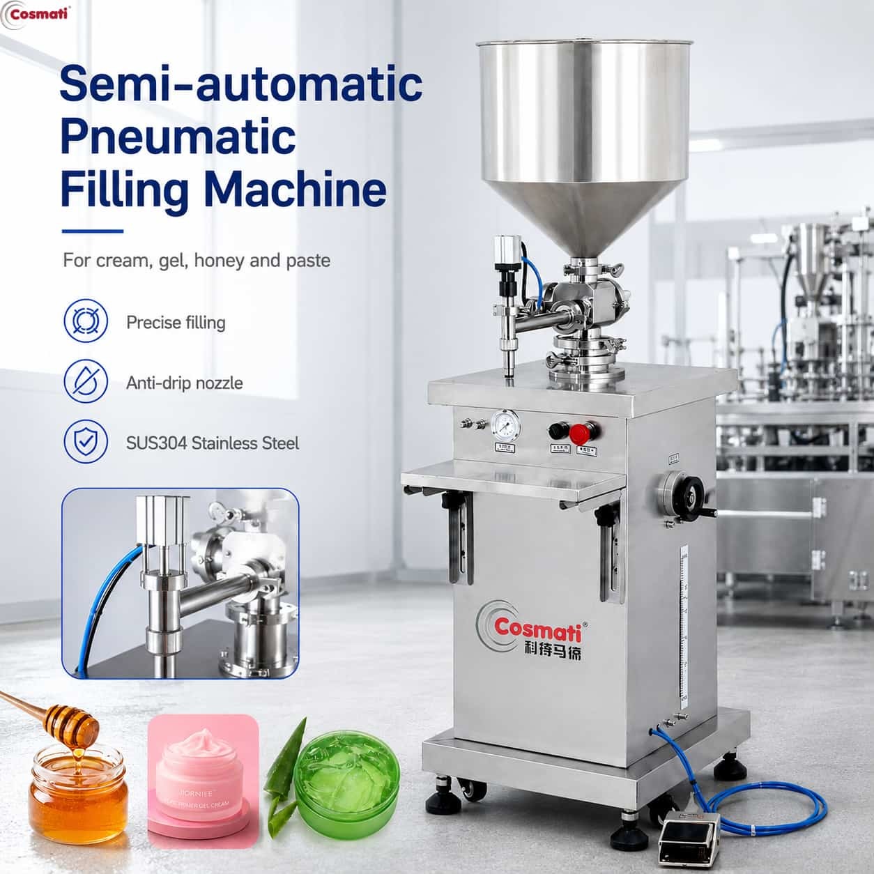 Pneumatic Paste Filling Machine 10-100mL Semi Automatic Cream Ointment Sauce Filler