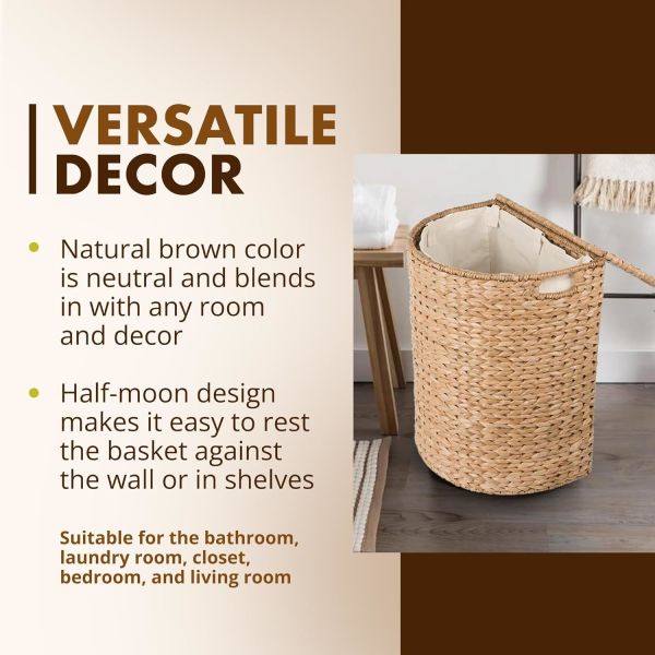 Wicker Waste Basket - Water Hyacinth Bathroom Garbage Can With A Lid - Bathroom Trash Can Boho Style - Wicker Trash Can With Lid For Household, Kitchen - Removable Liner, Iron Frame