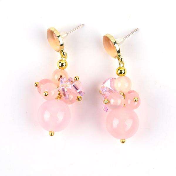 Pink Chalcedony Crystal Stone Unique DIY Oval Pendant Round Bead Stud Earrings For Daily Wear