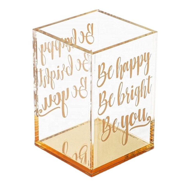 Customized Plastic Transparent square Pen Holder with Gold Mirrored Base and Gold logo Suitable for Home Office Use