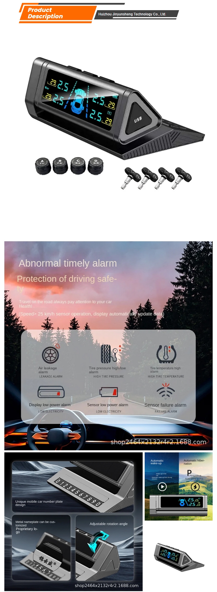 JYS-TPMS S10 Wireless Solar TPMS Tire Pressure Monitor 5V Mobile Car Number Plate Tire Pressure Detection Sensor 1Y Warranty