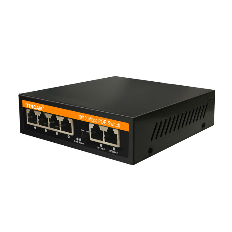 6 Port Fast Ethernet PoE Switch 4 PoE Ports 2 Uplink Ports 10/100Mbps Unmanaged IEEE 802.3af/at 250m Extend VLAN Metal Case Built-in Power Supply TCE-PS4306N