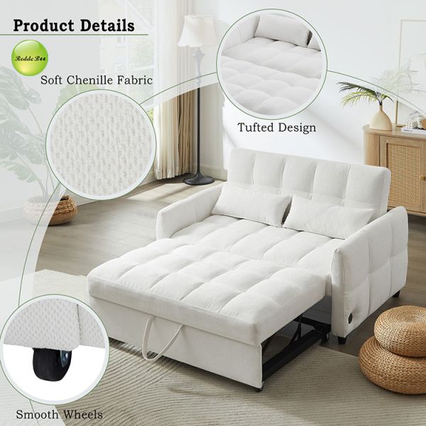 Modern Chenille Fabric Pull out Sofa Bed With USB Charge Saving-Sapce 2 Seater Sofa For Living Room Furniture