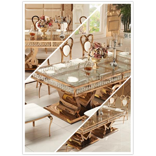 Custom Golden Stainless Steel Glass Dining Table Luxury Rectangle Furniture
