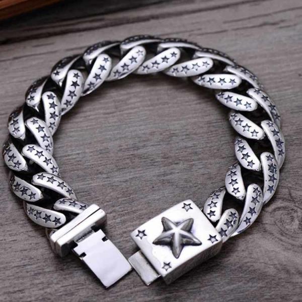 Sterling Silver Heavy Chunky Cuban Curb Link Engraved Stars Mens Bracelet (058880)