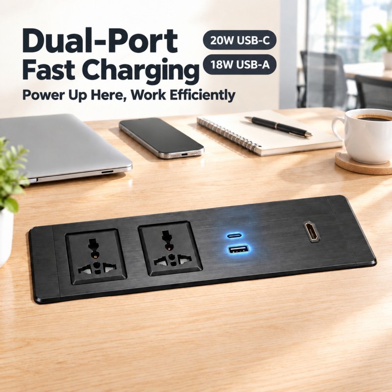 Flush Mount Recessed Power Strip with HDMI HD Connection and 65W USB A+C for Conference Rooms