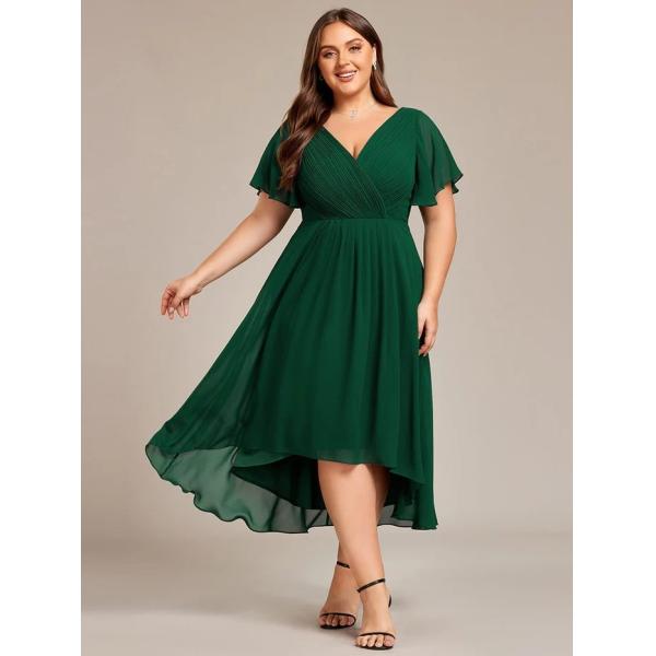 Chic V-neck High-low Short Flutter Sleeves A-line Ruffles Midi Invisible Zipper Dark Purple Chiffon  Cocktail Dress