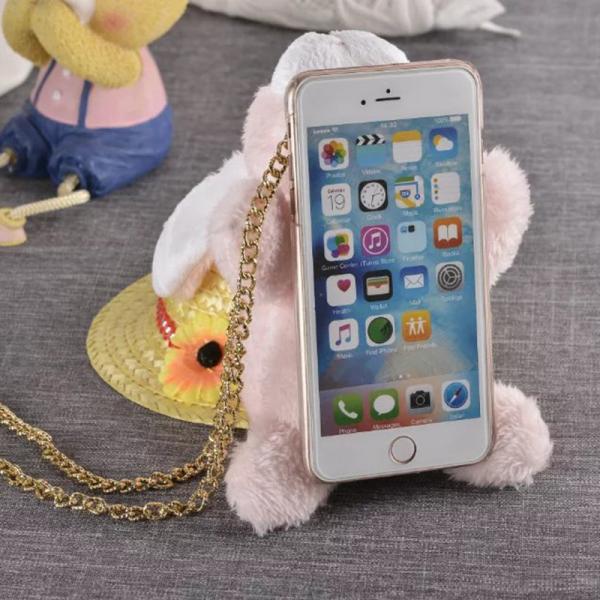 3D Plush Doll Stand Bracket Shoulder Bag Back Cover Cell Phone Case For iPhone 7 6s Plus with Long Metal Chian