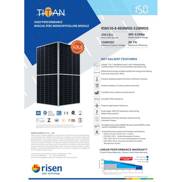 Risen Mono Perc Module Solar Panel 485w 490w 495w 500w 505w 510w Monocrystalline Solar Panel Wholesale