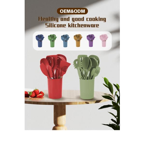 Silk Printing or Debossed Logo 12PCS Silicone Kitchen Utensils Set with Plastic Holder