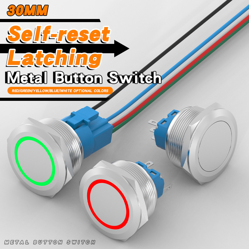 30mm metal push button switch, self-locking reset, with light ring, stainless steel start-stop button